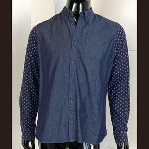 All Saints Like New Dark Blue Chambray Shirt With Floral Cotton Sleeves Size L